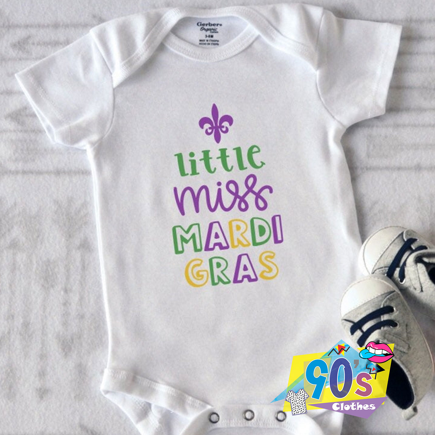Little Miss Mardi Gras Onesie with matching leg warmers with bows attached Monogrammed Personalized Baby/'s First Mardi Gras Outfit.
