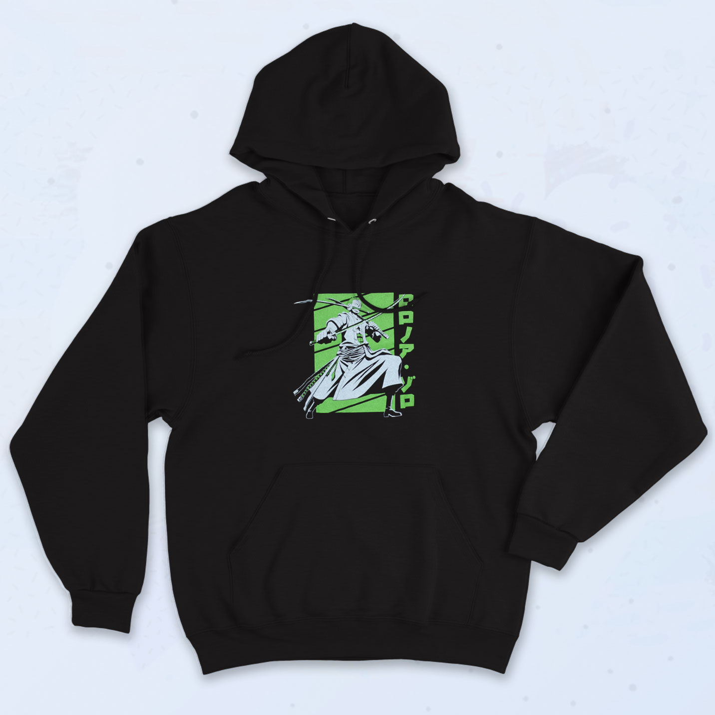 Zoro Posed on Green Kanji Graphic Hoodie - 90sclothes.com